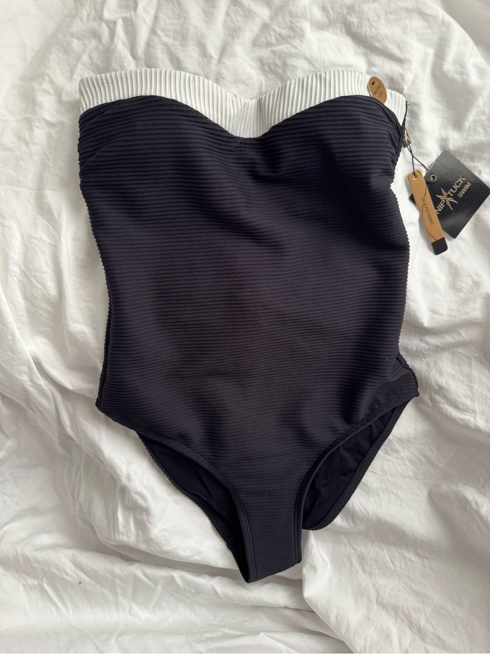 Australian Niptuck Swim Strapless Ribbed One-Piece Swimsuit in Black White
